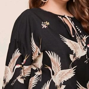 SHEIN Clasi Plus Swan Print Tie Neck Curved Hem Top